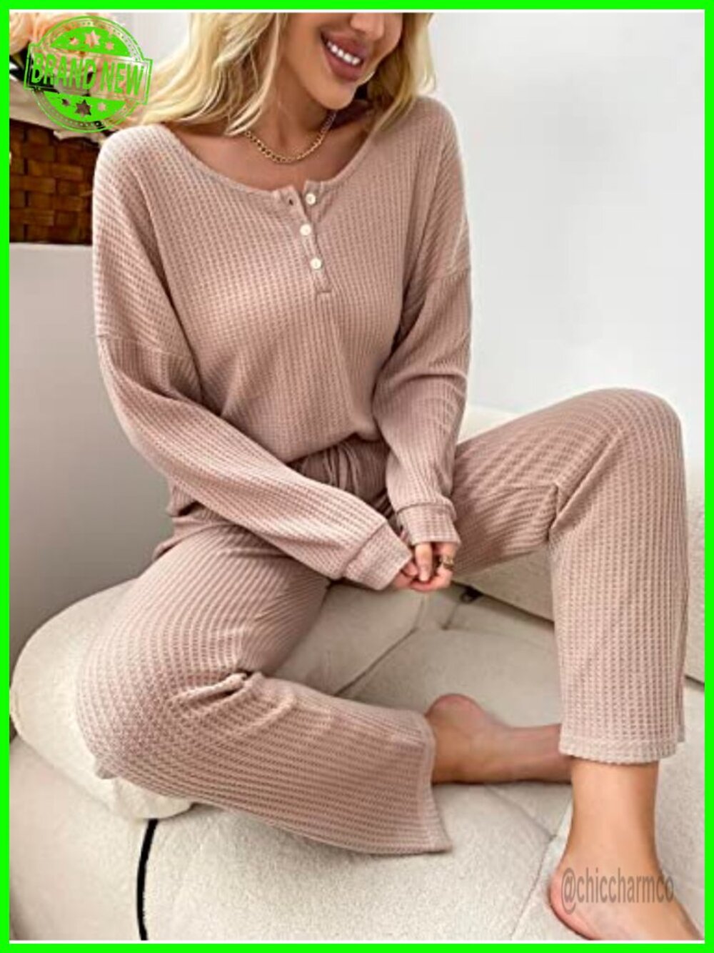 Waffle Knit Pajama Lounge Set Long Pants Sleepwear 2 Piece - Picture 3 of 4